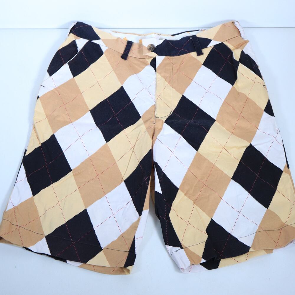 Loudmouth Men's Flat Front Golf Shorts Argyle Brown White Yellow Size 34